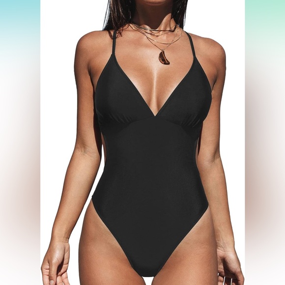 CUPSHE Women Crisscross Back Ruched One Piece Swimsuit Cut Out V Neck High - Picture 7 of 8